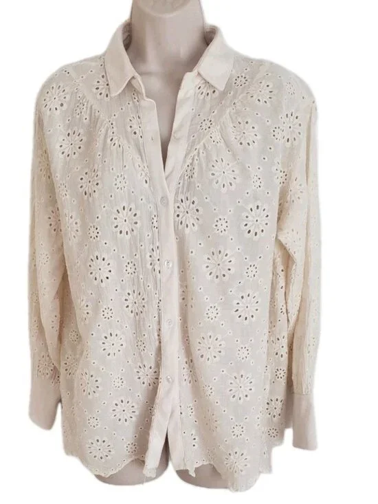 NY COLLECTION IVORY EYELET BUTTON FRONT BLOUSE SHIRT LARGE - Picture 1 of 9